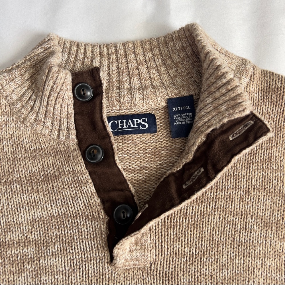 Chaps Tan 3 Button Mock Neck Elbow Patch Cotton Sweater Preppy Men’s Size XL - Picture 2 of 9